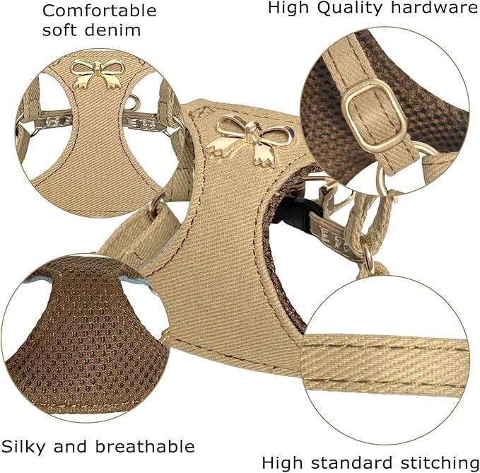 No Pull Dog Harness and Leash Set for Small Sized Dog Training Puppy Harnesses with Multifunction Dog Leash Soft Adjustable Denim No Choke Escape Proof Pet Harness for Small and Medium Dog (Brown XXS)