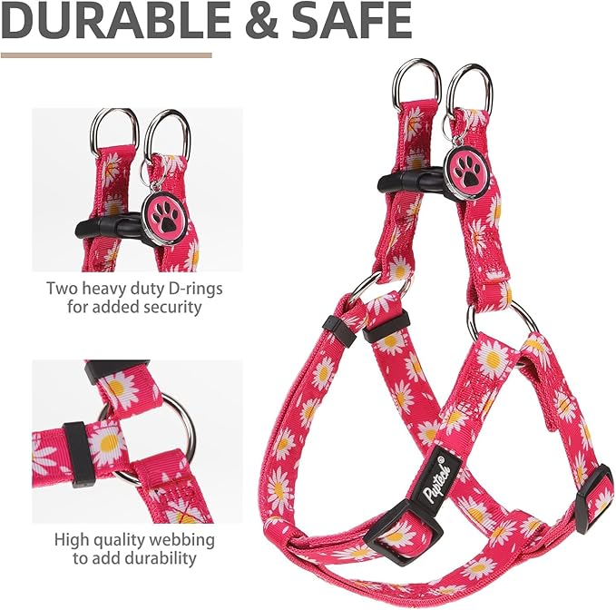 PUPTECK No Pull Dog Harness Soft Adjustable Basic Nylon Step in Puppy Vest Outdoor Walking with ID Tag, Fuchsia Daisy, XS