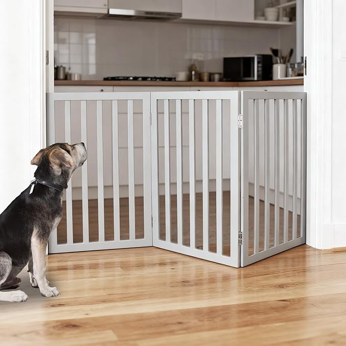 ZJSF Freestanding Indoor Dog Gate for House Foldable Wood Grey Puppy Gate for Doorways Pet Gate for Stairs Extra Wide Pet Fence 32" Height 3 Panels