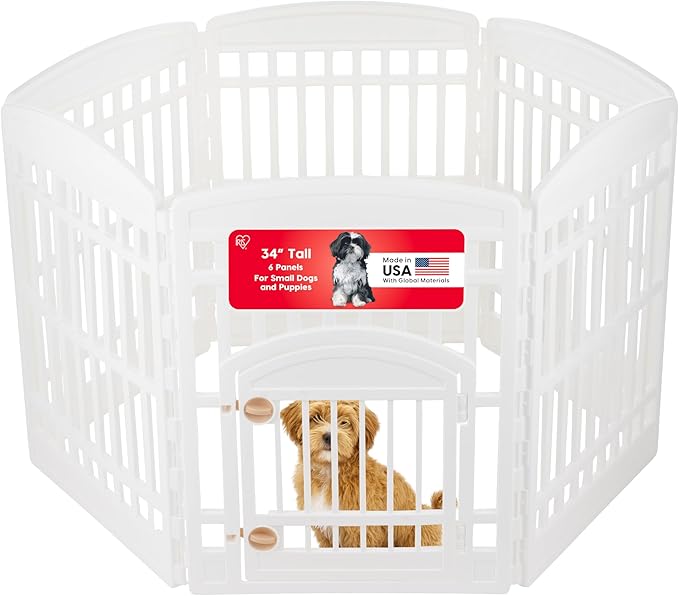 IRIS USA Dog Playpen with Door, 34” 6 Panel Pet Exercise Pen – Indoor Outdoor Puppy Play Pen, Portable Plastic Pet Fence for Small Medium Dogs, Foldable 44” x 63” x 34”, White