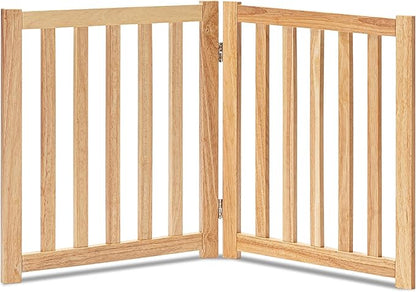 LZRS 2-Panel Wooden Free Standing Foldable Dog Gate Indoor – Solid Hardwood 24" High, Step-Over Safety Pet Gate for Doorways, Stairs & Small Spaces - Indoor Use, Natural