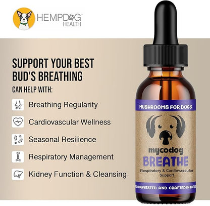 MycoDog Breathe - Respiratory Support Supplement for Dogs - Breathing Comfort & Airway Health - French Bulldogs, Pugs, & Flat-Faced Breeds - Natural Mushroom and Ashwagandha Drops - 2 oz