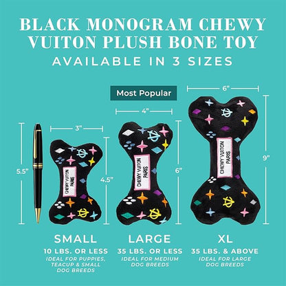 Haute Diggity Dog Chewy Vuiton Bone Plush Squeaky Dog Toy, Soft Durable Designer-Inspired Stuffed Puppy Chew Toys for Small & Medium Dogs, Machine-Washable (Black Monogram) Small
