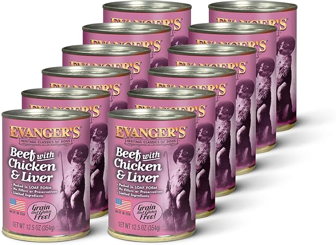 Evanger's Heritage Classic Beef with Chicken & Liver Dog Food – 12 Count, 12.5 oz Each – Loaf Style Recipe with Proteins – Wet Dog Food – Grain & Gluten Free