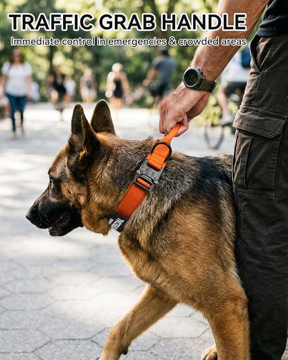 Joytale Tactical Dog Collar with Handle and Metal Buckle, Heavy Duty Padded Military Collar with 2 Patches for Training, Adjustable for Large Dogs, Orange, L