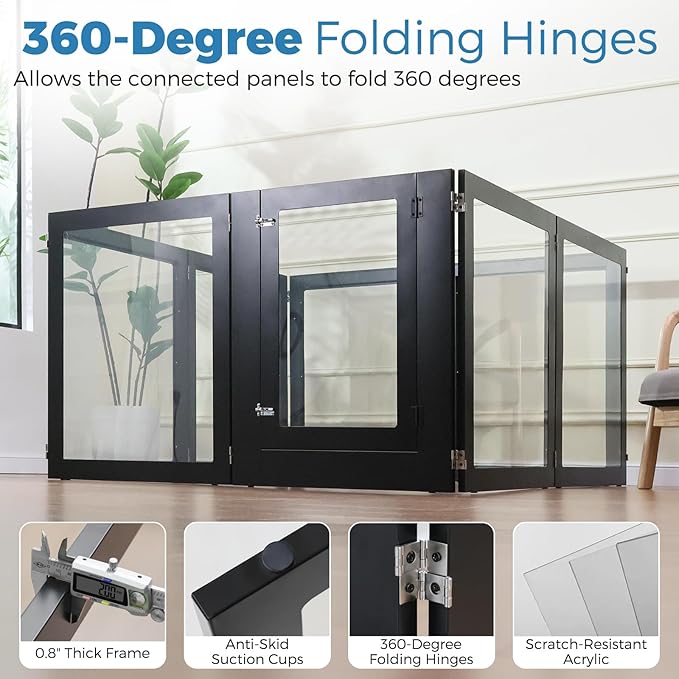 Heavy Duty Clear Acrylic Dog Playpen, 32" Height Transparent Pet Pen, Metal Frame Easy Assemble Kennel Enclosure, Ideal for Small to Medium Dogs, Cats, and Other Small Pets (Black, 6 Panels with door)