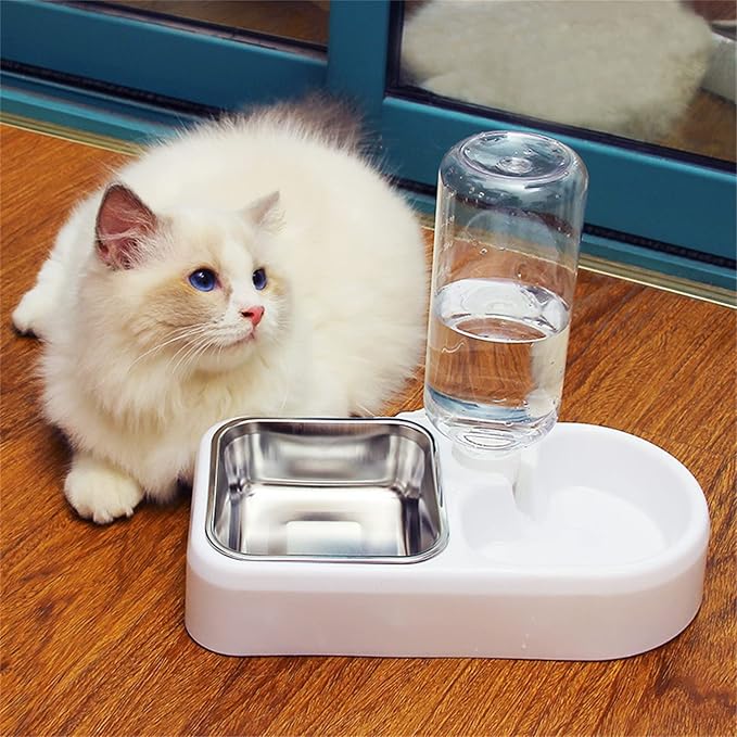 Cage Double Bowls, Crate Hanging, Dog Cat Bowl with Automatic Water Dispenser Bottle, Water and Food Bowl Set with Detachable Stainless Steel Bowl, Bird Pet Dog Cat Food Water Feeder (White)