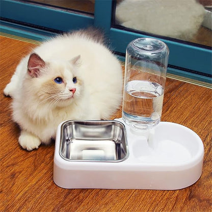 Cage Double Bowls, Crate Hanging, Dog Cat Bowl with Automatic Water Dispenser Bottle, Water and Food Bowl Set with Detachable Stainless Steel Bowl, Bird Pet Dog Cat Food Water Feeder (White)