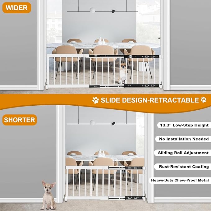 White Metal Dog Gate for Small Dogs - 13.3" Short Freestanding Puppy Gate with Retractable Sliding Rail, No Installation, Indoor/Outdoor Use, Foldable & Portable Pet Barrier