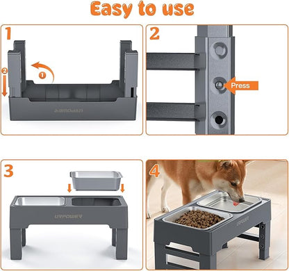 URPOWER Raised Dog Bowls 4 Height Adjustable Elevated Bowl Stand with Stainless Steel Water Bowl Non-Slip Dog Food Bowls Stand for Small Medium Large Dogs and Pets