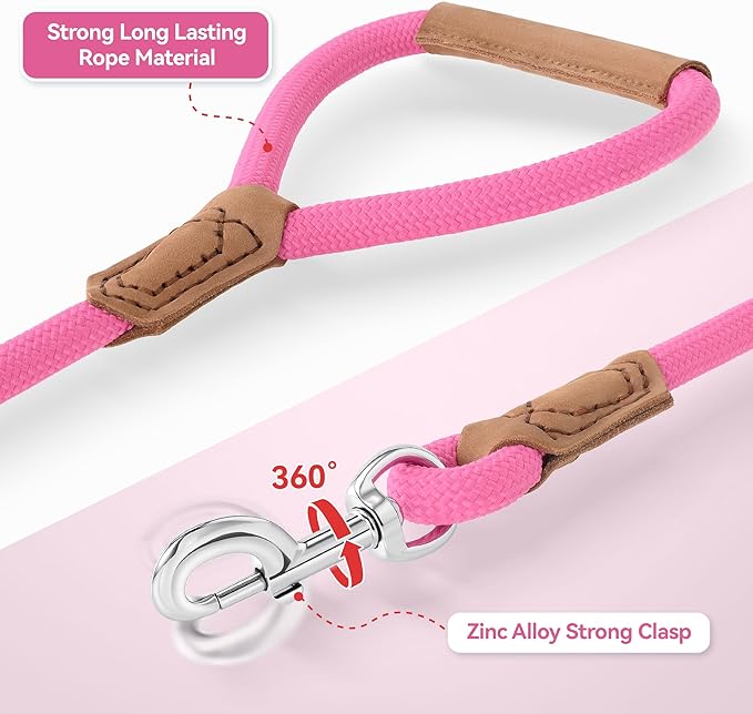 Mile High Life Leather Dog Leash, Heavy Duty Strong Genuine Leather Handle Rope Leash Soft and Comfortable for Small Medium Large Dogs (Hot Pink, 72 Inch)