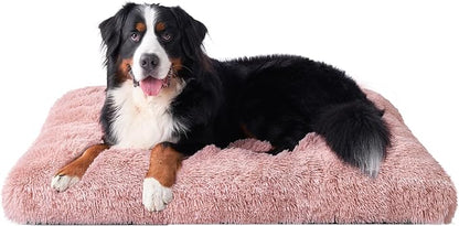 EHEYCIGA Fluffy Dog Crate Bed for Extra Large Dogs, Plush Faux Fur XLP Pad, Calming Anti Anxiety XL Plus Bed for Crate, Washable Soft Warm Dog Mat with Non-Slip Bottom, Pink