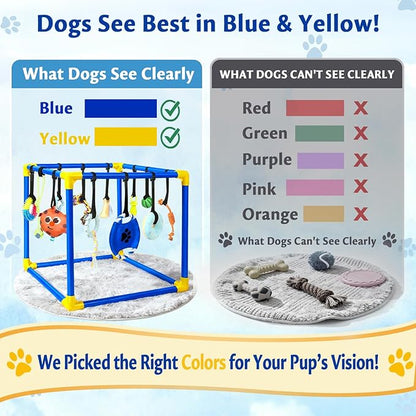 Puppy Play Gym with 16 Toys, Removable Dog Enrichment Playground, Interactive Indoor Training Activity Center for Small Dogs & Puppies, Teething & with Squeaky Toys, 12 Hanging Toys+4 Floor Toys