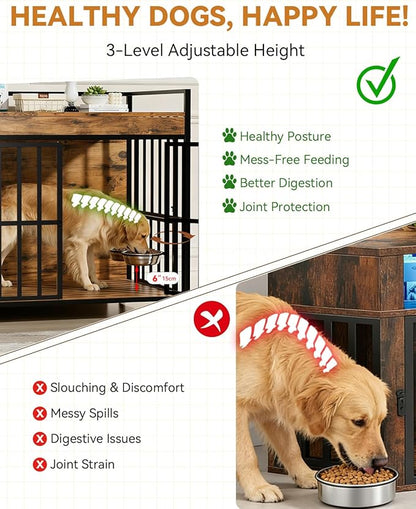 43 Inch Dog Crate Furniture, Heavy Duty Dog Kennel with 3 Doors, 2 Adjustable Bowls and Lockable Wheels, Wooden Dog House for Large Dogs, End Table Dog Cage, Rustic Brown