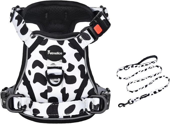 Petmolico No Pull Dog Harness and Leash Set, No Choke 4 Leash Attchments Easy Control Handle Soft Padded Reflective Vest Dog Harness for XS Dog Breed, Cow Pattern XS