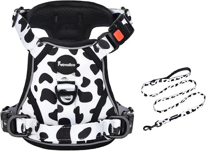Petmolico No Pull Dog Harness and Leash Set, No Choke 4 Leash Attchments Easy Control Handle Soft Padded Reflective Vest Dog Harness for XS Dog Breed, Cow Pattern XS