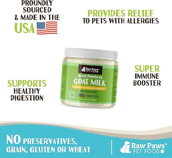 Raw Paws Whole Goat Milk Powder for Dogs and Cats, 7-oz - Made in USA - Powdered Goat Milk Dog Food Topper - Pet Nutritional Supplement to Support Healthy Digestion