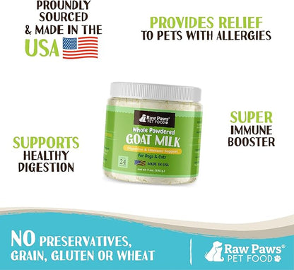 Raw Paws Whole Goat Milk Powder for Dogs and Cats, 7-oz - Made in USA - Powdered Goat Milk Dog Food Topper - Pet Nutritional Supplement to Support Healthy Digestion