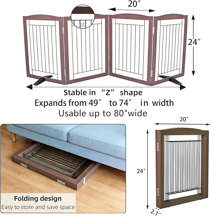 ZJSF Freestanding Dog Fence Indoor, Foldable Dog Gate for Doorways, Stairs or Hallways, Sturdy Wood Extra Wide Pet Gate with Support Feet for The House, Brown, 24 "Height-4 Panels