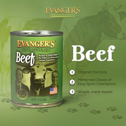 Evanger's Heritage Classic Beef Dog Food – 12 Count, 12.5 oz Each – Grain & Gluten Free, Single-Source Protein – Kosher Qualified & Endorsed by Chicago Rabbinical Council