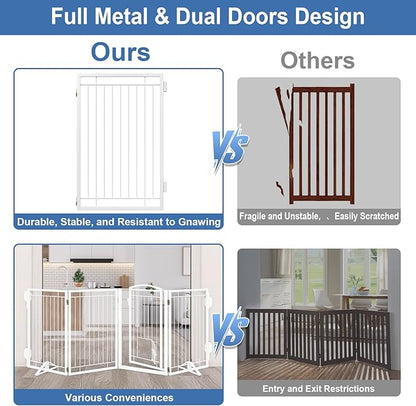 Metal Freestanding Dog Gate with Cat Door for Indoor/Outdoor,80" Extra Wide Foldable Pet Gate,32" Tall Foldable Indoor Dog Fence for Large Openings Stairs,Deck,Yard,Doorways(4 Panels,White)