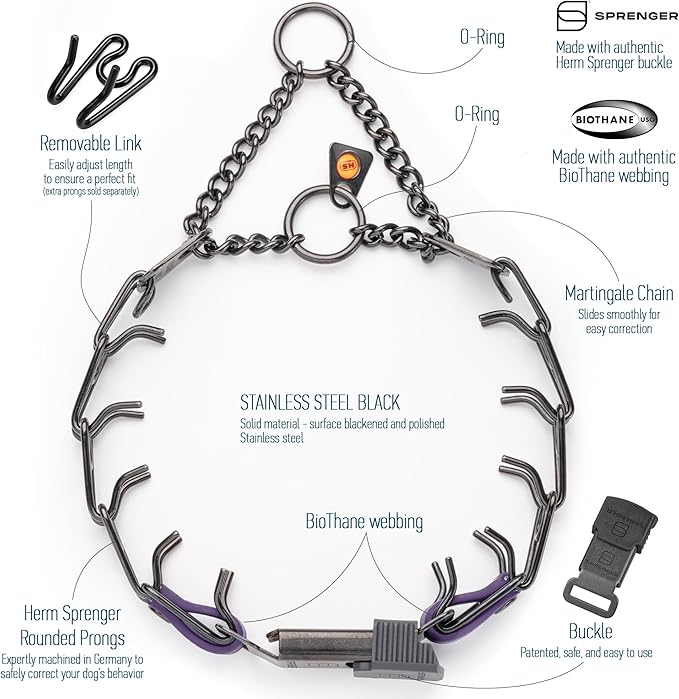 Herm Sprenger Black Stainless Steel Dog Collar with Quick Release ClicLock Buckle O-Ring Biothane Insert Training Collar Made in Germany (Violet Purple, 16in x 2.25mm(Neck Size up to 13-14in))