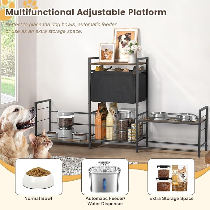 Elevated Dog Bowl Stand with 2 Feeding Stations, Adjustable Raised Feeding Station Cabinet with Toy Bin Basket, Lifted Food and Water Bowl Holder, Pet Storage Organizer for Large Medium Small Dogs