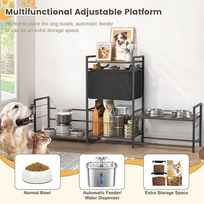 Elevated Dog Bowl Stand with 2 Feeding Stations, Adjustable Raised Feeding Station Cabinet with Toy Bin Basket, Lifted Food and Water Bowl Holder, Pet Storage Organizer for Large Medium Small Dogs