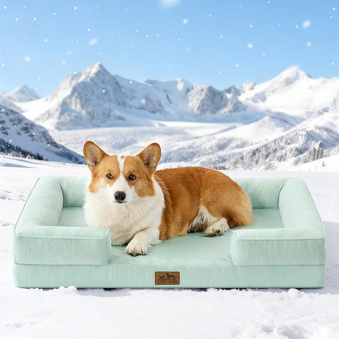 Cooling Dog Bed for Large Medium Size Dogs, Q-Max >0.4 Summer Cool Orthopedic Foam Pet Sofa Bed with Sides, Bolster Anti-Slip Couch with Washable Removable Cover, L 36x27x6.5 inch, Green