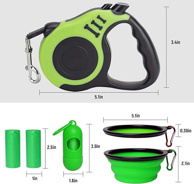 Retractable Dog Leash Automatic Telescopic Tractor Dog Tape, Pet Tape 10/16 FT Durable and Convenient, with Folding Bowl, Dispenser, Rubbish Bags, Suitable for Small and Medium Dogs