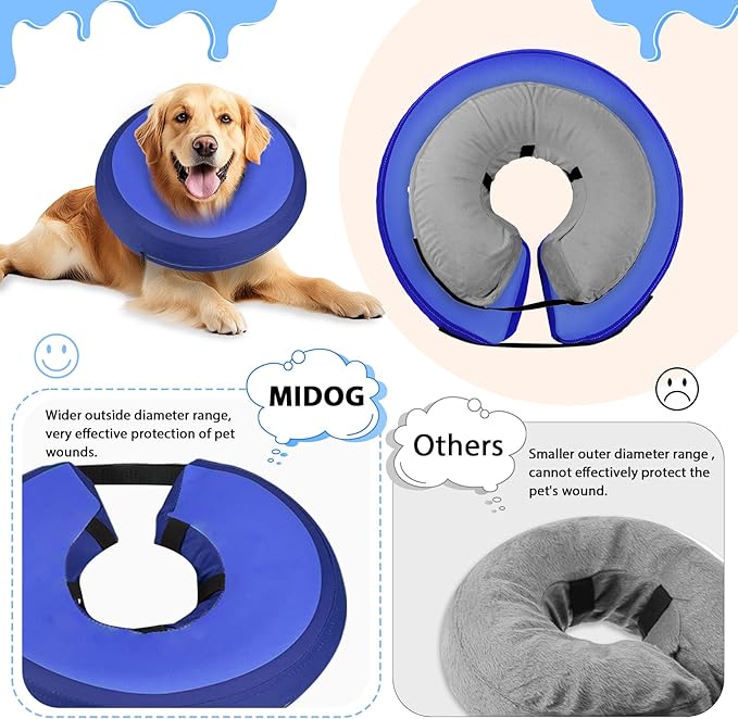 MIDOG Soft Inflatable Dog Cone,Donut E-Collar Alternative for After Surgery, Prevents Licking, Allowing Normal Eating & Vision,Comfortable Recovery Collar for Small Medium Large Dogs&Cats, DarkBlue-L+