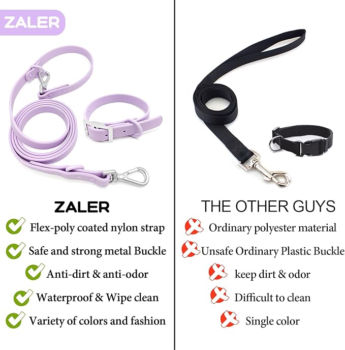 ZALER Dog Collar and Leash Set, Waterproof Adjustable Odor Proof Pet Collars Leashes Easy to Clean, 6FT Dog Leash with 2 Hooks for Large, Medium Small Dogs (M, Purple)