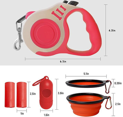 Retractable Dog Leash Automatic Telescopic Tractor Dog Tape, Pet Tape 10/16 FT Durable and Convenient, with Folding Bowl, Dispenser, Rubbish Bags, Suitable for Small and Medium Dogs