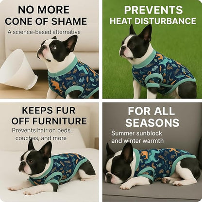 PetWarm Neutering Recovery Suit for Male Dogs, Pet Coat's Inner Clothes, Dog Cone Alternative After Surgery Suit for Dogs Female Male Dog Onesie for Spay Neuter, Dinosaur Pattern, Green, S
