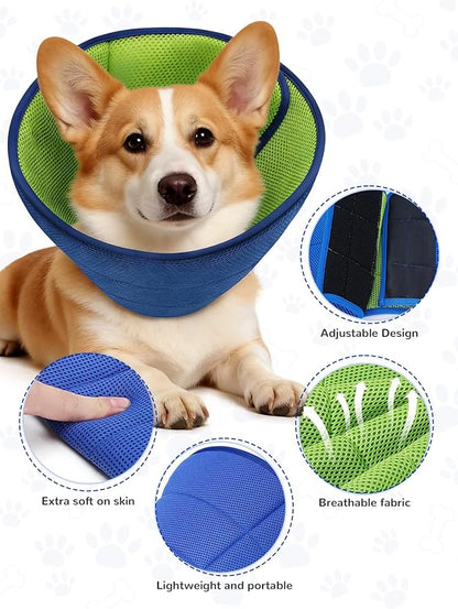 Dog Cone Collar Alternative,Comfortable Cones for Medium Large Dogs to Stop Licking After Surgery,Adjustable Comfy Cones, Comfortable Fabric Elizabethan Collars (Green Blue, M)