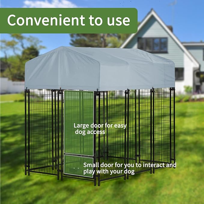 Outdoor Dog Kennel Outside Run with Doggy Door, Swivel Feeder & Roof, 6'x4'x6' Large Dog Kennels Pens Outside for Large Dogs Breed-Heavy Duty Cage Enclosure Yard