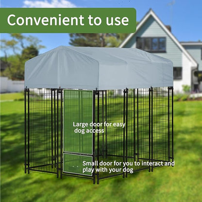 Outdoor Dog Kennel Outside Run with Doggy Door, Swivel Feeder & Roof, 6'x4'x6' Large Dog Kennels Pens Outside for Large Dogs Breed-Heavy Duty Cage Enclosure Yard