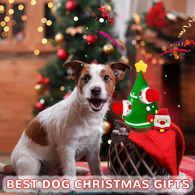 lilfrd Christmas Dog Toys, Dog, Xmas Christmas Tree, Santa Claus Hide and Seek Puzzle Squeaky Plush Rope Chew Fetch Brain Stimulating Toy Presents for Small Medium Dogs
