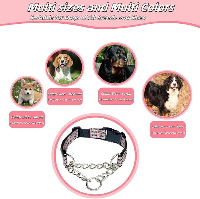 Martingale Dog Collars, Reflective Nylon Collar with Stainless Steel Chain, Adjustable Walking Training Dog Collars with Quick Release Buckle, Suitable for Small Medium Large Dogs(Pink,L)