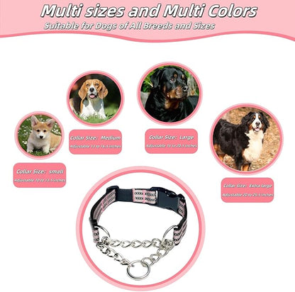 Martingale Dog Collars, Reflective Nylon Collar with Stainless Steel Chain, Adjustable Walking Training Dog Collars with Quick Release Buckle, Suitable for Small Medium Large Dogs(Pink,L)