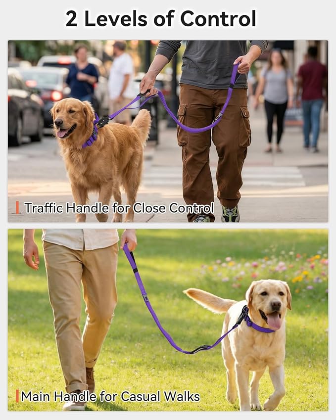 Joytale Tactical Dog Leash Heavy Duty, 4-6FT Shock Absorbing Bungee Lead with 2 Padded Handle, Metal Carabiner Clip, Car Seatbelt, Strong No Pull Leash for Medium Large X-Large Dogs, Purple