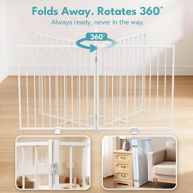 No Pawblems Free Standing Dog Gate with Door, 30'' Tall Foldable Dog Fence for Indoor & Outdoor, Up to 156 Inch Extra Wide Puppy Gate for Stairs, Hallways, Doorways, Deck, Yard (White, 6 Panels)
