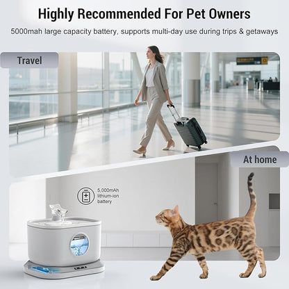 Cat Water Fountain Wireless, Battery Operated Cat Fountain for Drinking, 2.6L/88oz Cordless Pet Fountain with Motion Sensor Automatic Water Dispenser Wireless Pump 2 Filters Indoor BPA-Free
