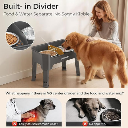 URPOWER Mess Proof Elevated Dog Bowls, High Wall Splash Guard Design, 4 Height Adjustable Raised Bowl Stand, 2 Stainless Steel Bowls, Non-Slip Food Water Set for Small Medium Large Dogs