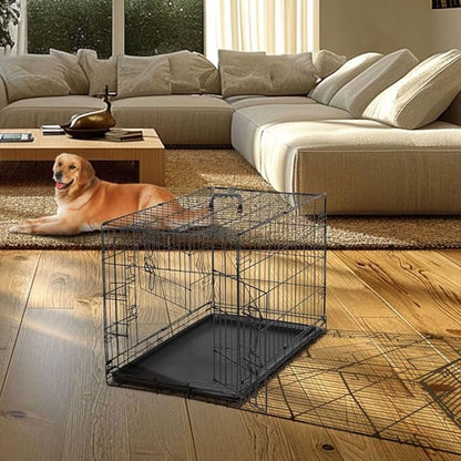 Dog Crate Kennel, 42 Inch Metal Pet Cage Double Door W/Divider Panel, Folding Travel Indoor Outdoor Dog Kennel Leak-Proof Plastic Tray Wire Animal Cage