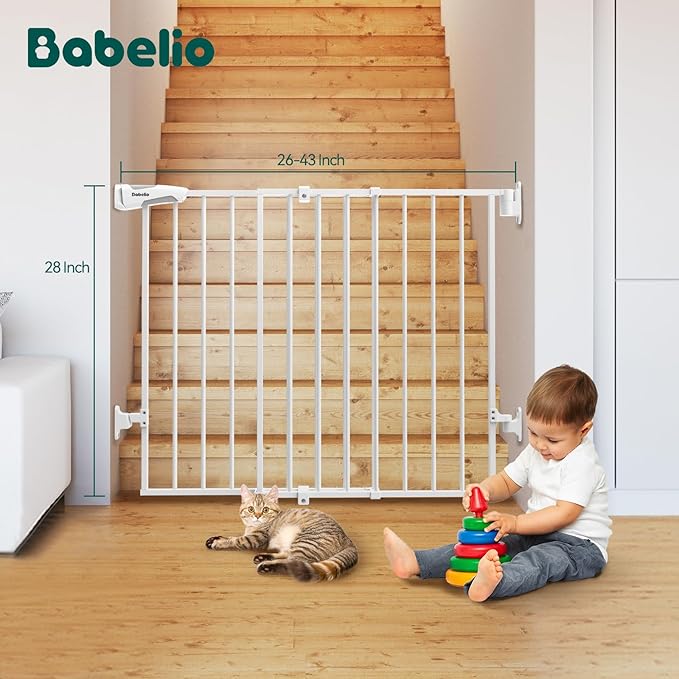 Babelio Baby Gate for Stairs, Kitchen & Doorways, 26-43" W 28" H No Bottom Bar| Easy Installation| One-Handed Operation| Auto-Close| Hardware Mount (Drill Needed) Safety Dog/Pet Gate Indoor (White)