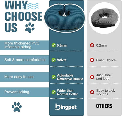 BINGPET Inflatable Dog Cone Collar Alternative After Surgery,Soft Recovery Cone for Dogs to Stop Licking,Dogs Blow up Protective Neck Donut ECollars Adjustable for Large Medium Small Pet, Navy Blue M