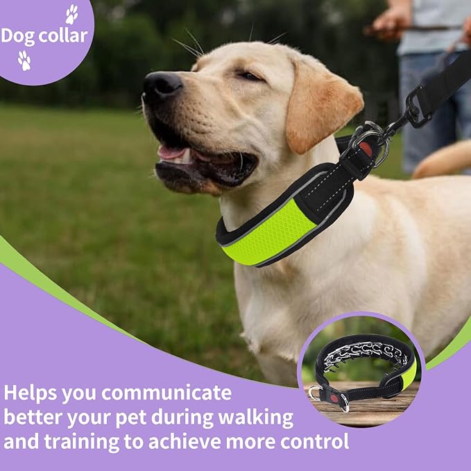 Martingale No Pull Dog Collar for Large Medium Dogs Training Walking, Heavy Duty Nylon Reflective Adjustable Anti Pull Slip Collar with Buckle L Green