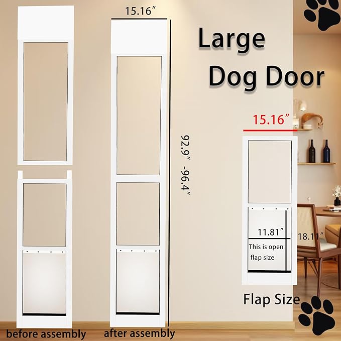 Large Sliding Glass Dog Door Adjustable Height 92.9" to 96.4" Panel with Rotating Screws Suitable for Raised Sliding Glass Door Ideal for Pet Owners