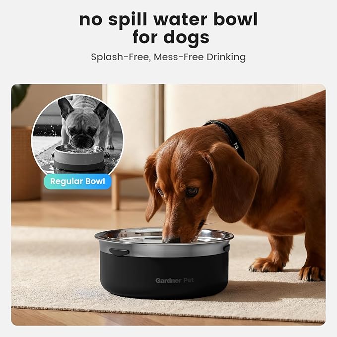 Gardner Pet Slow Water Bowl for Dogs, 2L/68oz Spill-Proof Pet Water Bowl with Floating Disk & Filter Screen, Stainless Steel No-Spill Water Dispenser for Medium Pets